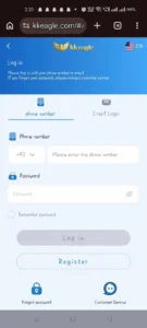 KK Eagle mobile login screen for reward based gaming platform